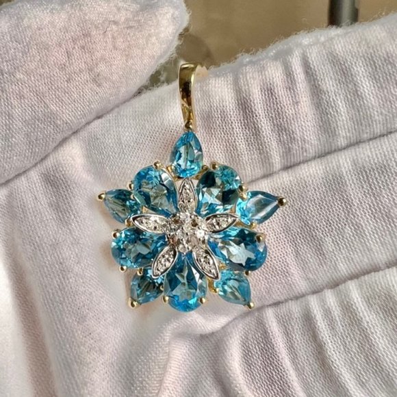 Vintage Blue Topaz Cluster with Diamond Pendant, Blue Topaz Jewelry - Picture 8 of 8